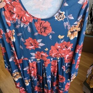 Turquoise Floral Scoop Neck Dress with Red & Yellow Blooms